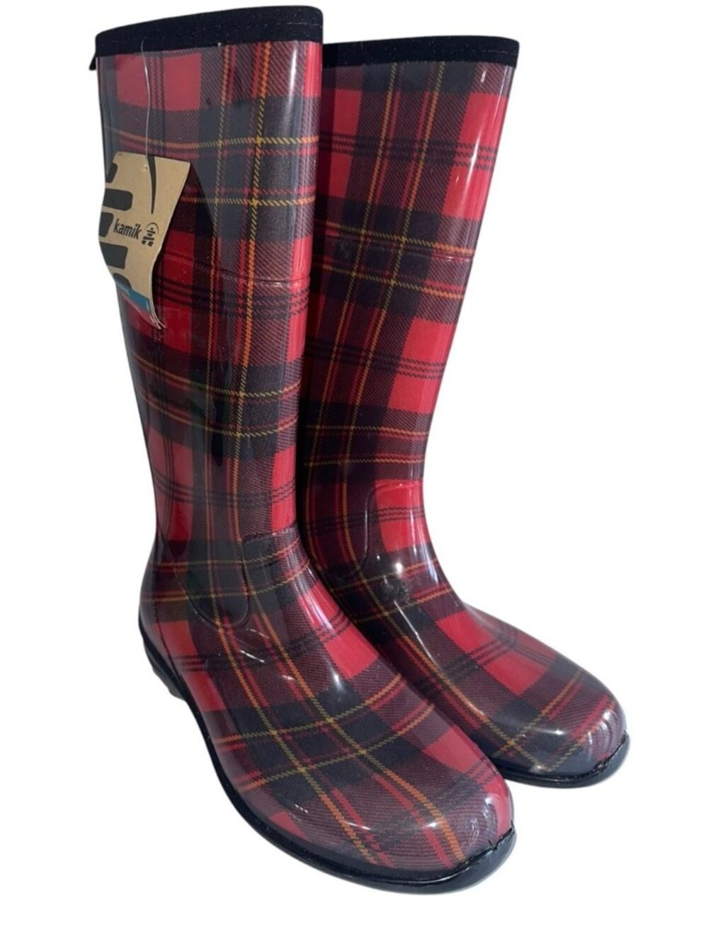 NWT Kamik Womens Caroline Tall Rain Boots Sz 9 Red Black Plaid Waterproof Preppy